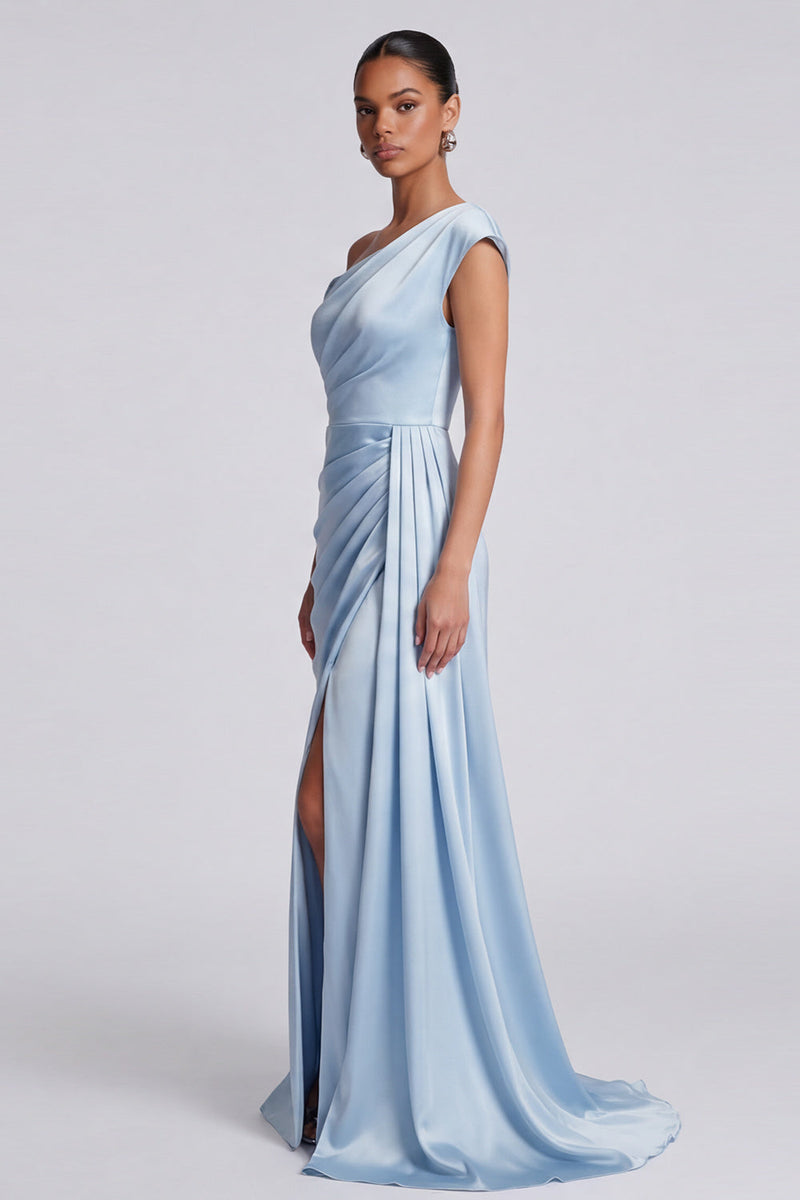 Load image into Gallery viewer, Sky Blue One Shoulder Ruched Mermaid Long Formal Dress with Side Cape