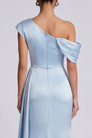 Load image into Gallery viewer, Sky Blue One Shoulder Ruched Mermaid Long Formal Dress with Side Cape