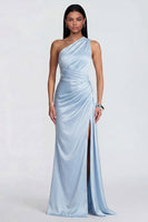 Load image into Gallery viewer, One Shoulder Sky Blue Ruched Mermaid Long Formal Dress with Slit