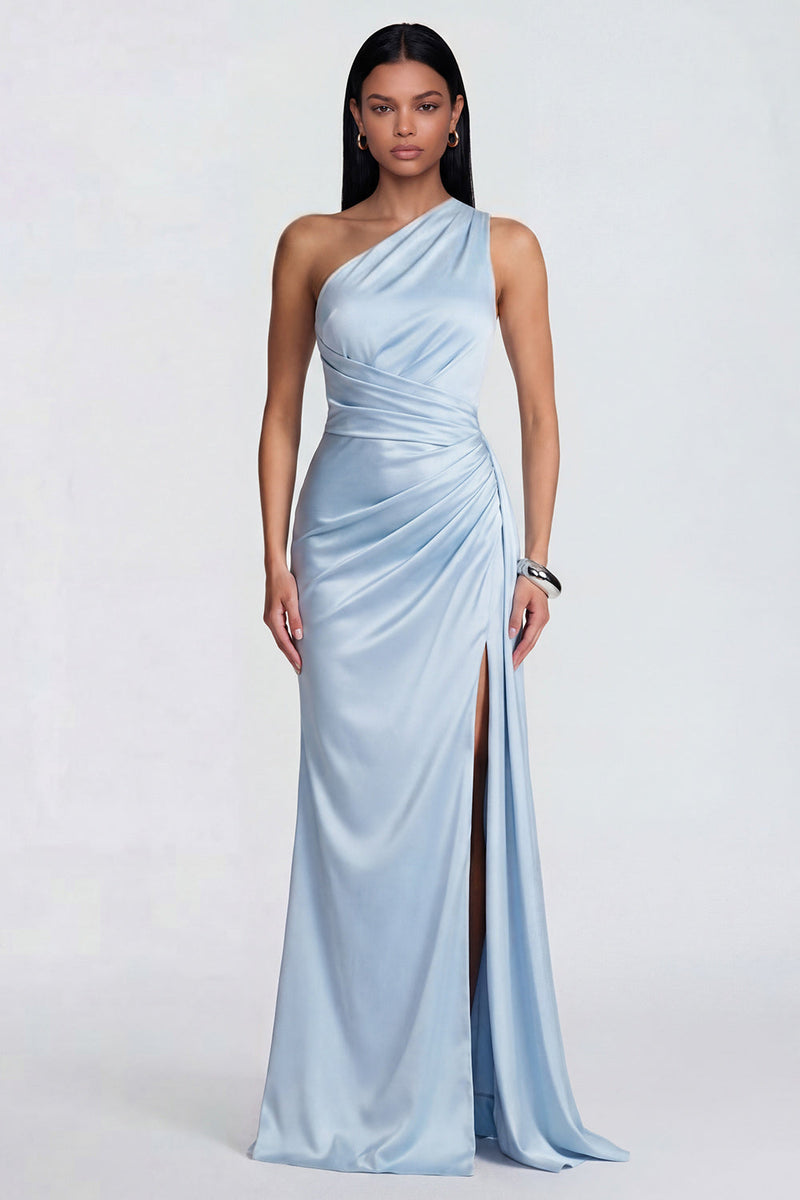 Load image into Gallery viewer, One Shoulder Sky Blue Ruched Mermaid Long Formal Dress with Slit