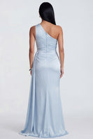 Load image into Gallery viewer, One Shoulder Sky Blue Ruched Mermaid Long Formal Dress with Slit