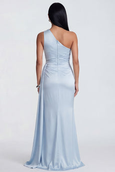 One Shoulder Sky Blue Ruched Mermaid Long Formal Dress with Slit