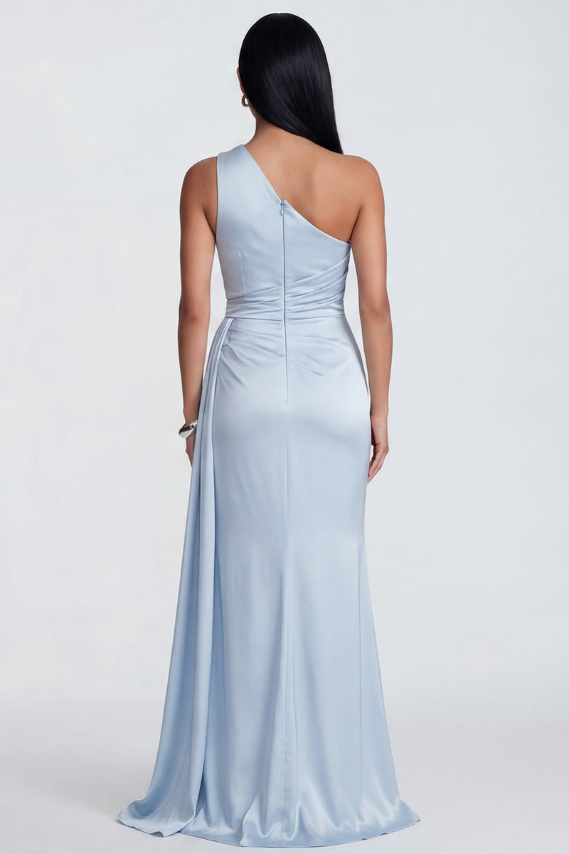 Load image into Gallery viewer, One Shoulder Sky Blue Ruched Mermaid Long Formal Dress with Slit