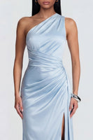 Load image into Gallery viewer, One Shoulder Sky Blue Ruched Mermaid Long Formal Dress with Slit