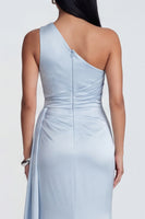 Load image into Gallery viewer, One Shoulder Sky Blue Ruched Mermaid Long Formal Dress with Slit