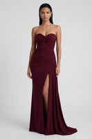Load image into Gallery viewer, Burgundy Strapless Ruched Mermaid Long Formal Dress with Slit