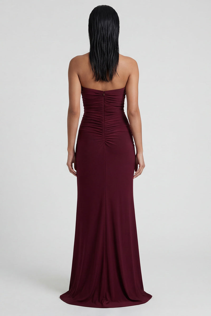 Load image into Gallery viewer, Burgundy Strapless Ruched Mermaid Long Formal Dress with Slit