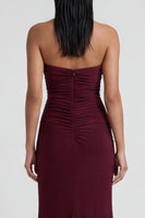 Load image into Gallery viewer, Burgundy Strapless Ruched Mermaid Long Formal Dress with Slit