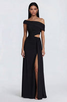 Load image into Gallery viewer, Black Ruched Long Cut Out Sheath Formal Dress with Side Cape