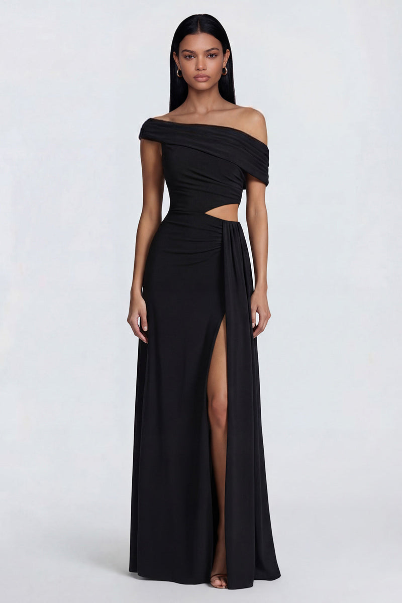 Load image into Gallery viewer, Black Ruched Long Cut Out Sheath Formal Dress with Side Cape
