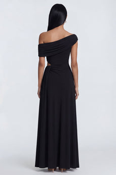 Black Ruched Long Cut Out Sheath Formal Dress with Side Cape