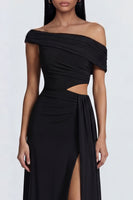 Load image into Gallery viewer, Black Ruched Long Cut Out Sheath Formal Dress with Side Cape