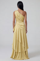 Load image into Gallery viewer, Butter Yellow One Shoulder Long Ruched A Line Formal Dress with Ruffles