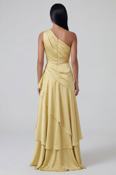 Butter Yellow One Shoulder Long Ruched A Line Formal Dress with Ruffles
