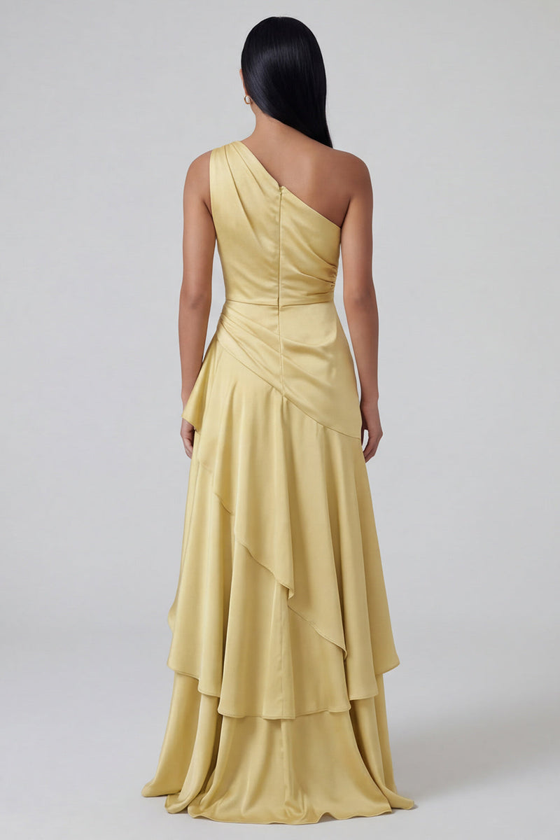 Load image into Gallery viewer, Butter Yellow One Shoulder Long Ruched A Line Formal Dress with Ruffles