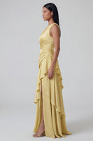 Load image into Gallery viewer, Butter Yellow One Shoulder Long Ruched A Line Formal Dress with Ruffles