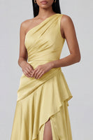 Load image into Gallery viewer, Butter Yellow One Shoulder Long Ruched A Line Formal Dress with Ruffles