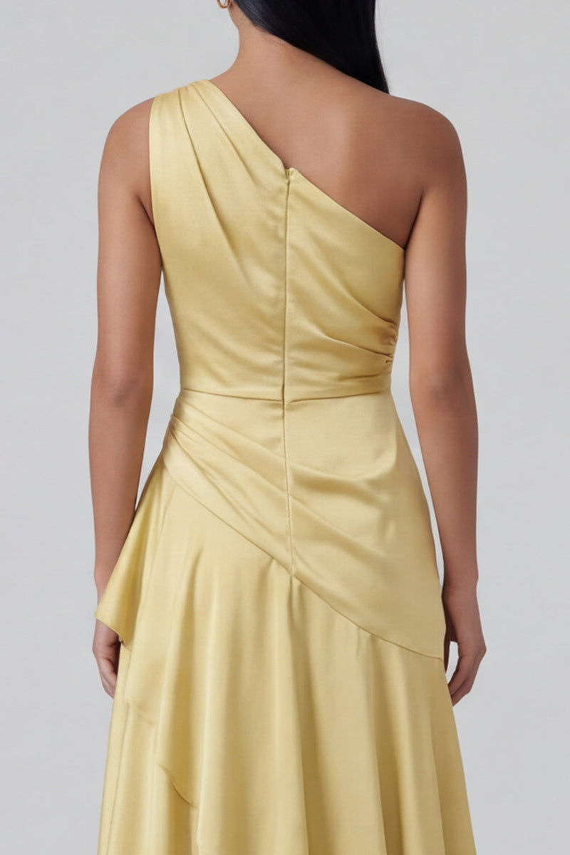 Load image into Gallery viewer, Butter Yellow One Shoulder Long Ruched A Line Formal Dress with Ruffles
