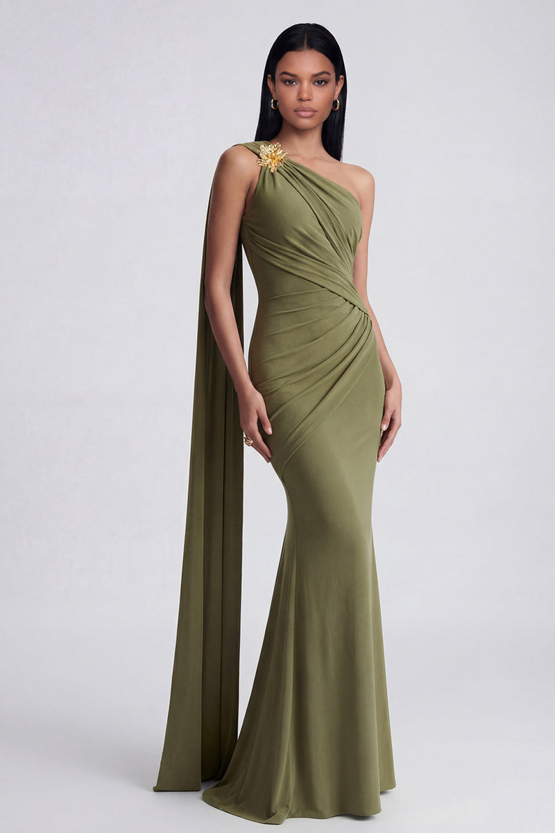 Load image into Gallery viewer, Olive Floral One Shoulder Long Ruched Mermaid Formal Dress with Side Cape