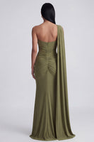 Load image into Gallery viewer, Olive Floral One Shoulder Long Ruched Mermaid Formal Dress with Side Cape