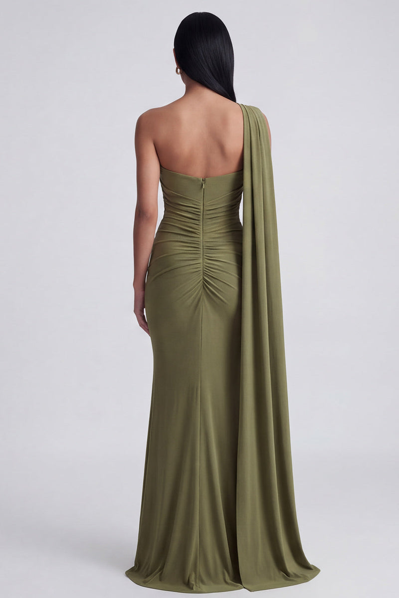Load image into Gallery viewer, Olive Floral One Shoulder Long Ruched Mermaid Formal Dress with Side Cape