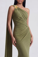 Load image into Gallery viewer, Olive Floral One Shoulder Long Ruched Mermaid Formal Dress with Side Cape