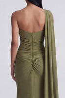 Load image into Gallery viewer, Olive Floral One Shoulder Long Ruched Mermaid Formal Dress with Side Cape