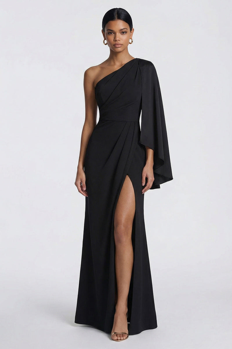 Load image into Gallery viewer, Black Mermaid One Shoulder Ruched Long Formal Dress