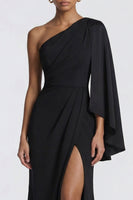 Load image into Gallery viewer, Black Mermaid One Shoulder Ruched Long Formal Dress