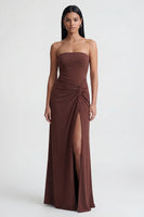 Load image into Gallery viewer, Brown Strapless Long Sheath Ruched Formal Dress with Slit