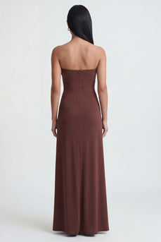 Brown Strapless Long Sheath Ruched Formal Dress with Slit