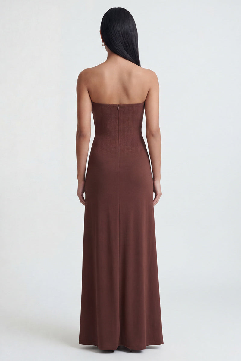 Load image into Gallery viewer, Brown Strapless Long Sheath Ruched Formal Dress with Slit