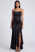 Load image into Gallery viewer, Mermaid Ruffled Black Spaghetti Straps Ruched Long Formal Dress with Slit