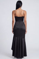 Load image into Gallery viewer, Mermaid Ruffled Black Spaghetti Straps Ruched Long Formal Dress with Slit