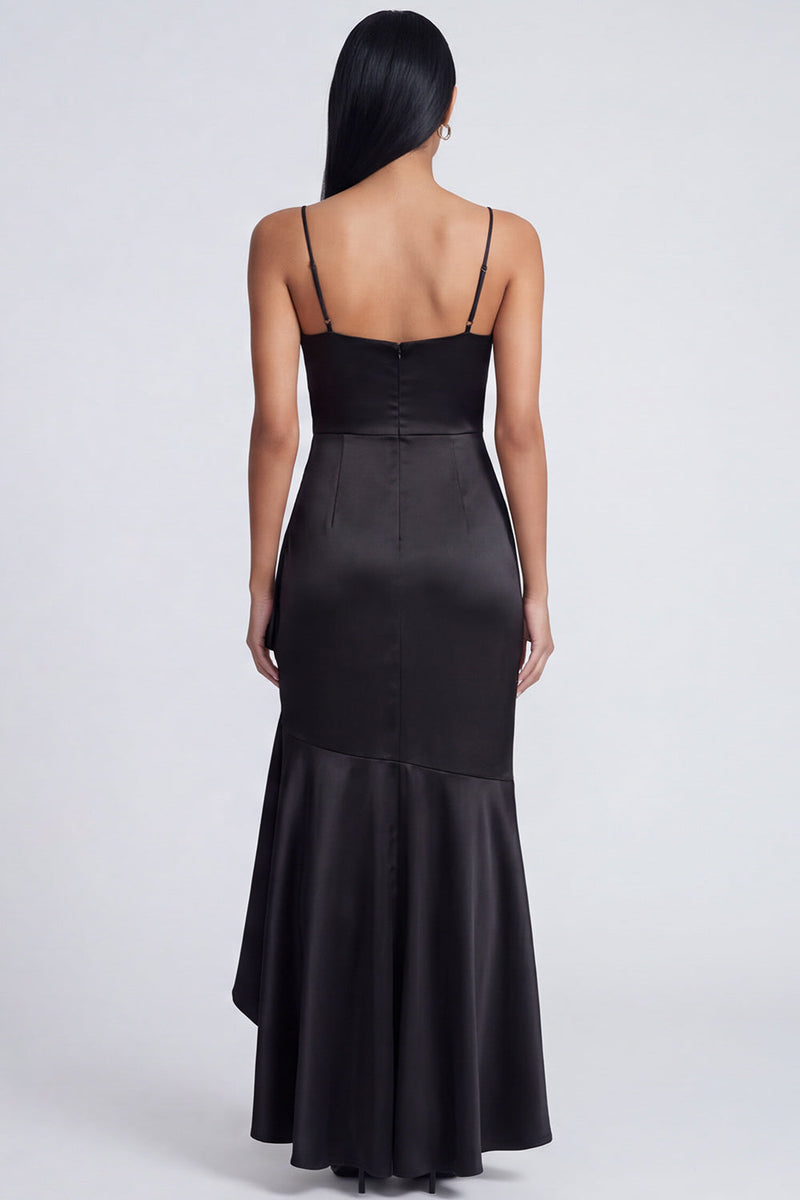 Load image into Gallery viewer, Mermaid Ruffled Black Spaghetti Straps Ruched Long Formal Dress with Slit
