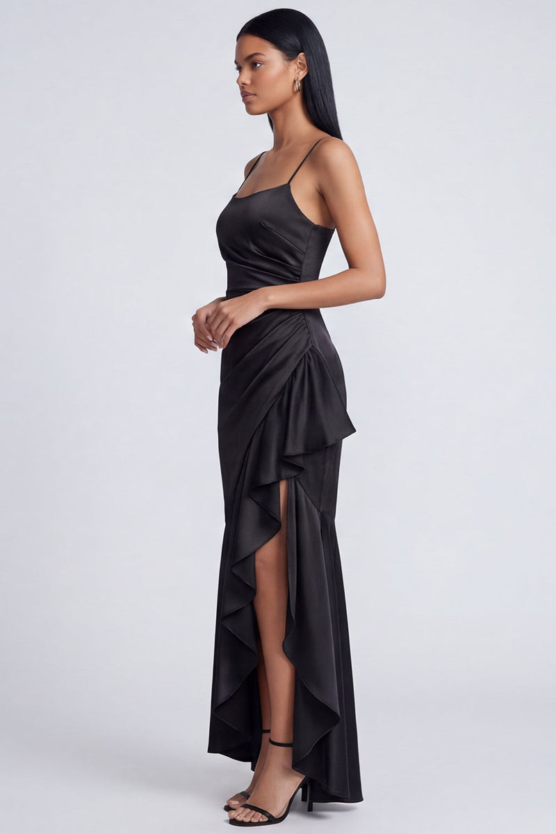 Load image into Gallery viewer, Mermaid Ruffled Black Spaghetti Straps Ruched Long Formal Dress with Slit