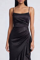 Load image into Gallery viewer, Mermaid Ruffled Black Spaghetti Straps Ruched Long Formal Dress with Slit