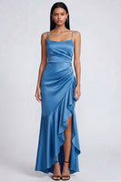 Load image into Gallery viewer, Mermaid Ruffled Black Spaghetti Straps Ruched Long Formal Dress with Slit