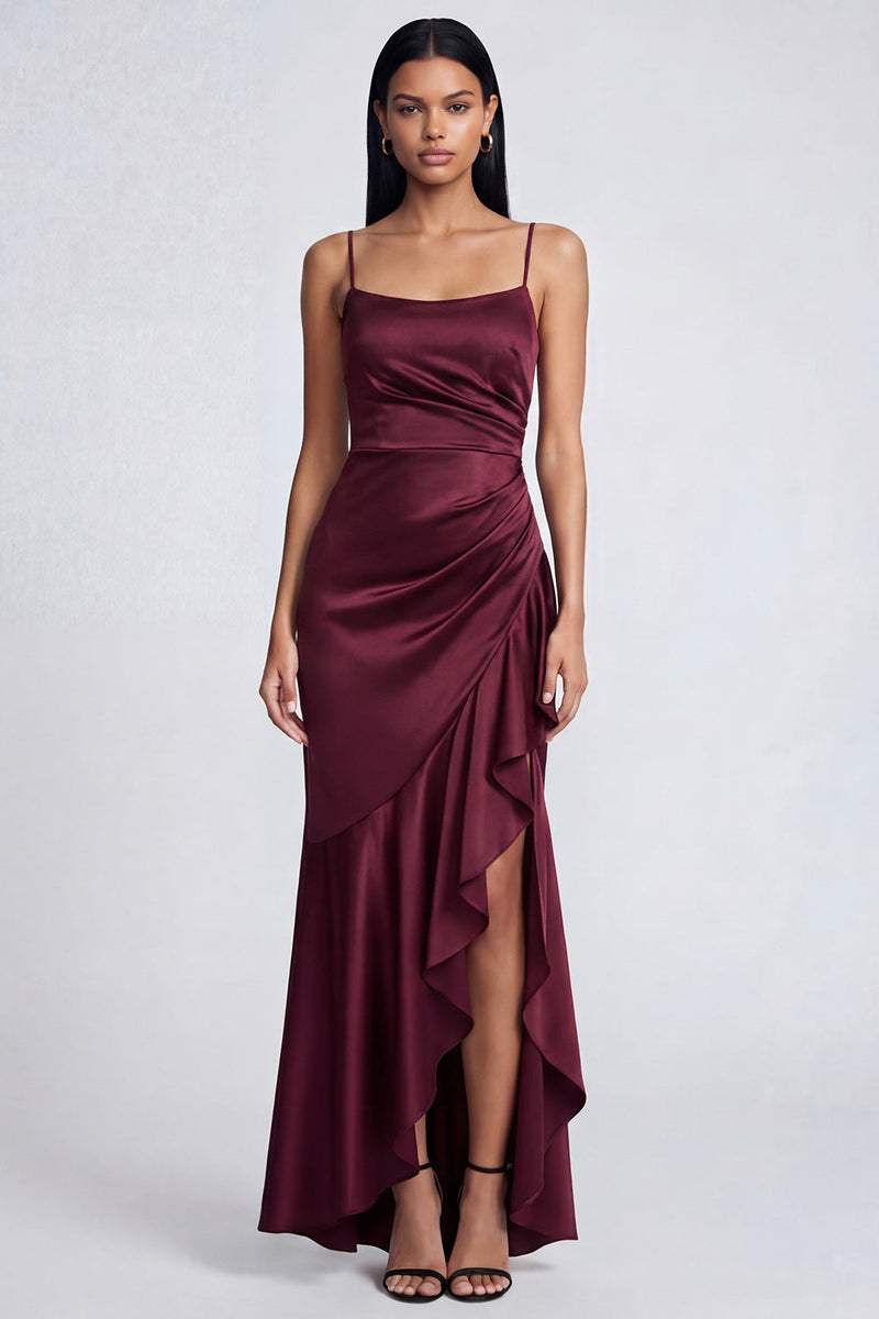 Load image into Gallery viewer, Mermaid Ruffled Black Spaghetti Straps Ruched Long Formal Dress with Slit