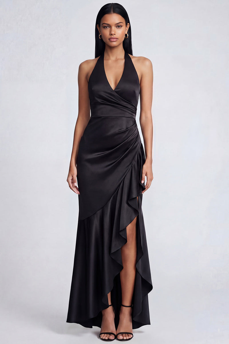 Load image into Gallery viewer, Halter Black Ruched Long Mermaid Ruffled Formal Dress with Slit