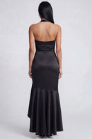 Load image into Gallery viewer, Halter Black Ruched Long Mermaid Ruffled Formal Dress with Slit