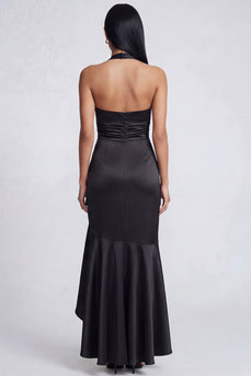 Halter Black Ruched Long Mermaid Ruffled Formal Dress with Slit