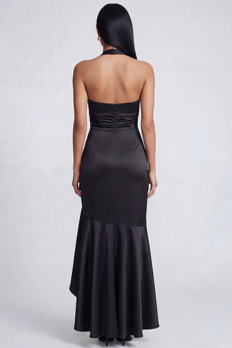 Load image into Gallery viewer, Halter Black Ruched Long Mermaid Ruffled Formal Dress with Slit