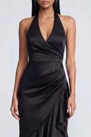 Load image into Gallery viewer, Halter Black Ruched Long Mermaid Ruffled Formal Dress with Slit