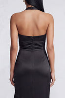 Load image into Gallery viewer, Halter Black Ruched Long Mermaid Ruffled Formal Dress with Slit