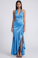 Load image into Gallery viewer, Halter Black Ruched Long Mermaid Ruffled Formal Dress with Slit