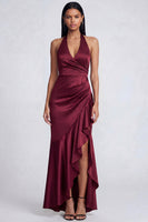 Load image into Gallery viewer, Halter Black Ruched Long Mermaid Ruffled Formal Dress with Slit