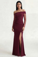 Load image into Gallery viewer, Long Sleeves Burgundy Mermaid Ruched Long Formal Dress with Slit