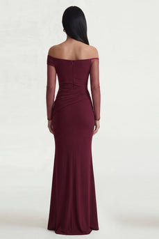 Long Sleeves Burgundy Mermaid Ruched Long Formal Dress with Slit
