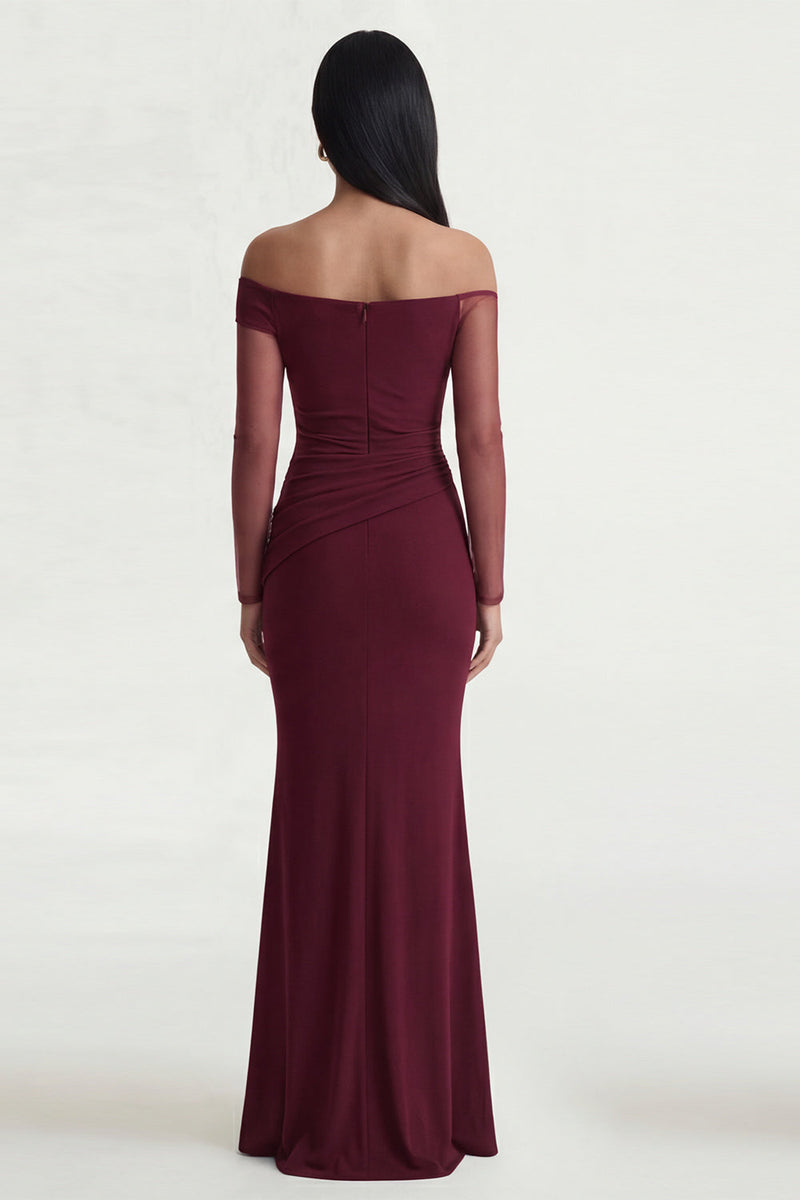 Load image into Gallery viewer, Long Sleeves Burgundy Mermaid Ruched Long Formal Dress with Slit